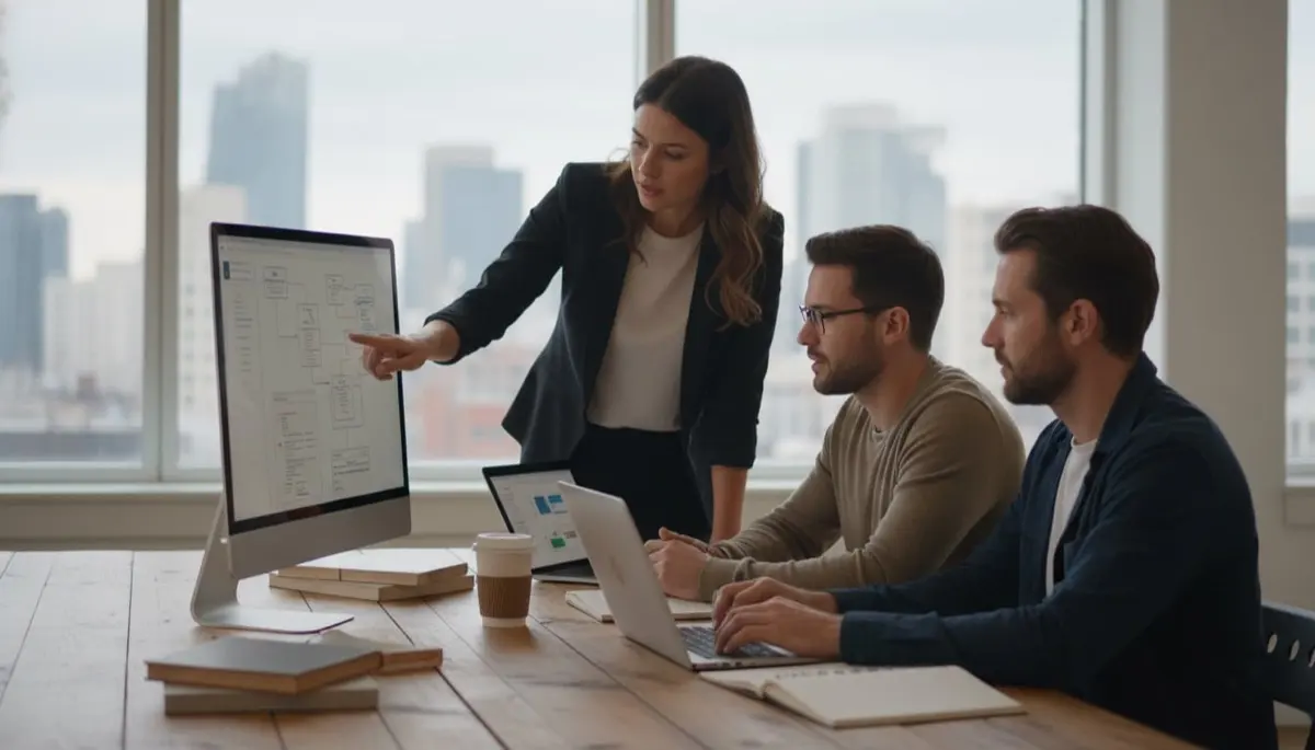Três profissionais diante de um monitor, discutindo o diagrama de um sistema