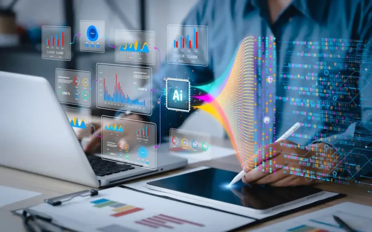 Painéis de indicadores e gráficos flutuando sobre um notebook e um tablet